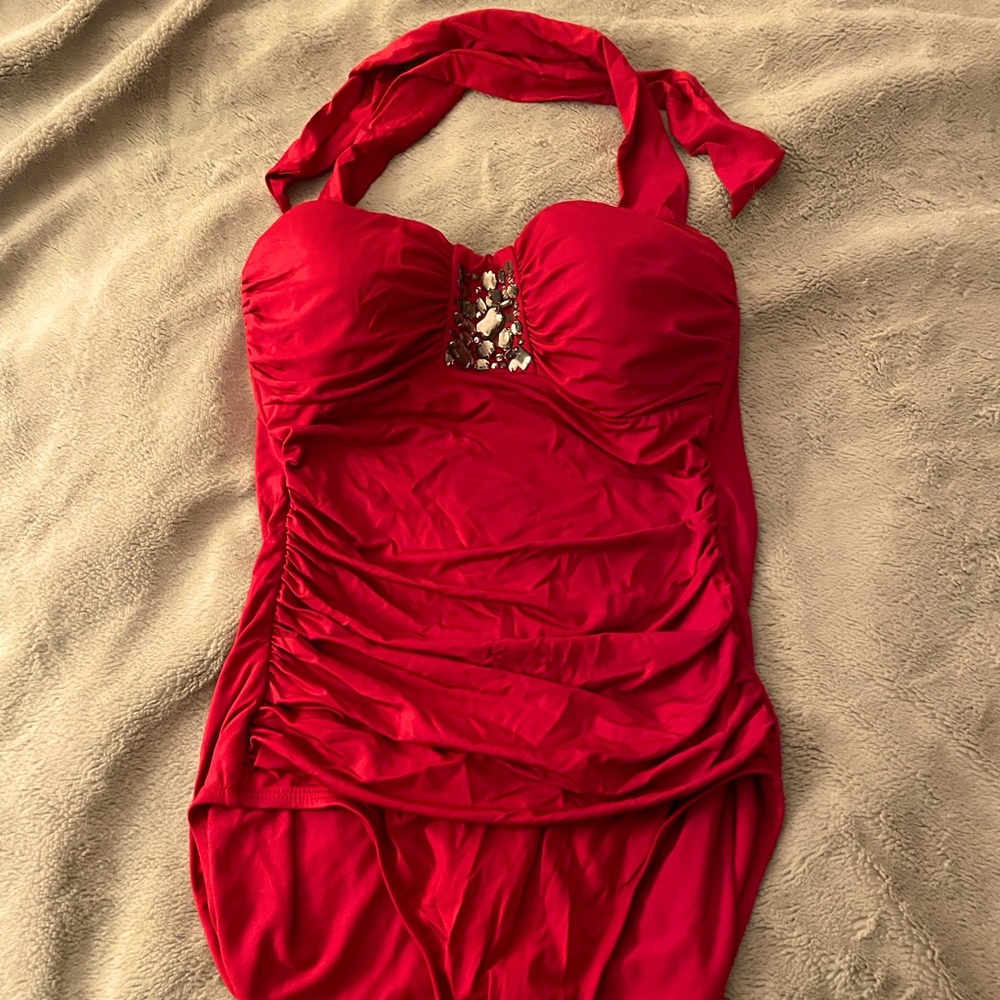 Red Jantzen halter top one piece bathing suit with jewel embellishment